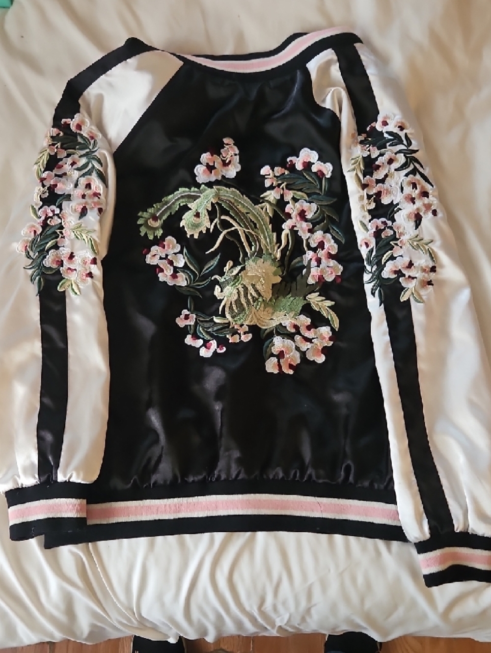 Floral Embroidered Black Satin Bomber Jacket with Pink Accents/ Reversable - Picture 6 of 10